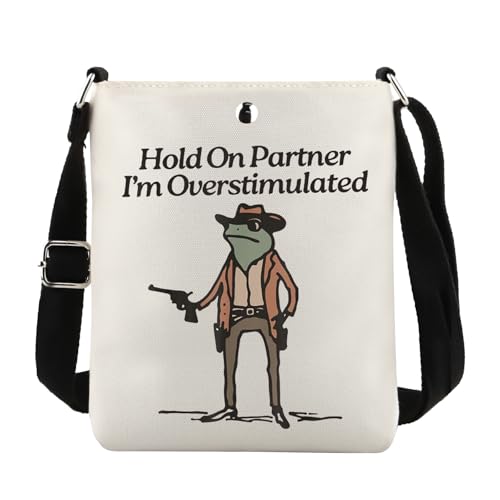 TOBGBE Funny Frog Meme Cowboy Frog Gifts Hold On Partner Im Overstimulated Messenger Bag Frog Meme