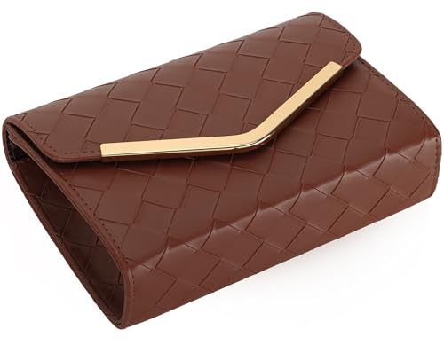 Image of Womens Woven Evening Bag Faux Leather Crossbody Clutch Purse Envelope Handbag for Wedding Prom Party Brown