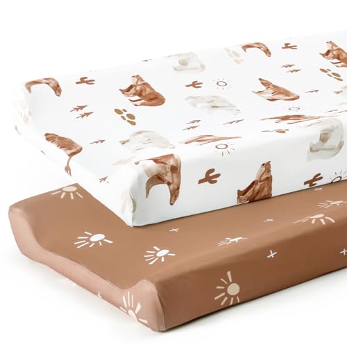 Image of GRSSDER Stretch Ultra Soft Jersey Knit Changing Pad Cover Set 2 Pack, Change Table Pad Covers Fit 32 inch /34 inch x 16 inch Pads Safe and Snug, Cute Diaper Changing Pad Covers of Sunny Bear Print