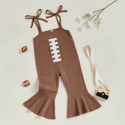Toddler Baby Girl Football Outfit Game Day Bell Bottom Romper Spaghetti Strap Suspender Jumpsuit Overalls Fall3