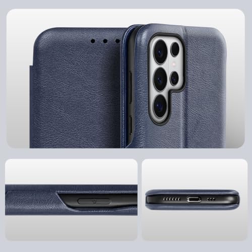 Image of PULOKA Premium Vegan Leather Phone Cover with Card Slot - Compatible with Samsung Galaxy S25 Ultra - Sleek Flip Case, Slim, Durable, Privacy Protection, Kickstand Function (Blue)
