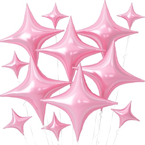 Image of Pink Star Balloons,12Pcs Four Angle Star Foil Balloons | 26Inch and 10Inch Light Pink Quadrangle Star Helium Balloon for Birthday Baby Shower Wedding Party Decorations