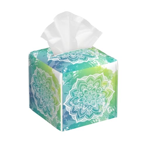 Green Boho Mandala Flower Tissue Box Cover Square, Abstract Mandala Floral Tissue Box Holder Waterproof Leather Facial Paper Organizer Dispenser for Bathroom Home Car Nightstand Vanity Desk