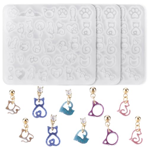 Craftora 3 moldes de silicona para gatos, diseño de huellas de animales y mascotas, moldes de resina para aretes huecos para hacer joyas, llaveros y manualidades