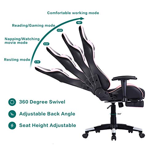 Silla-Gaming-Tela-Ergonomica-Sillones-de-Oficina-Racing-Gamer-Silla-con-Reposapies-Retractil-con-Lumbar-y-Reposacabezas-Rosa-2