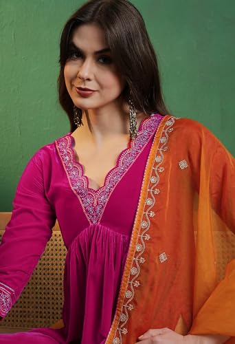 Image of SheWill Women's Zari Sequence Embroiderd Velvet Kurta with Pant and Dupatta| Salwar Suit Set with Dupatta| Velvet Kurta Set Women| Kurta Set for Women|Kurta Set with Dupatta for Women| Anarkali Kurta