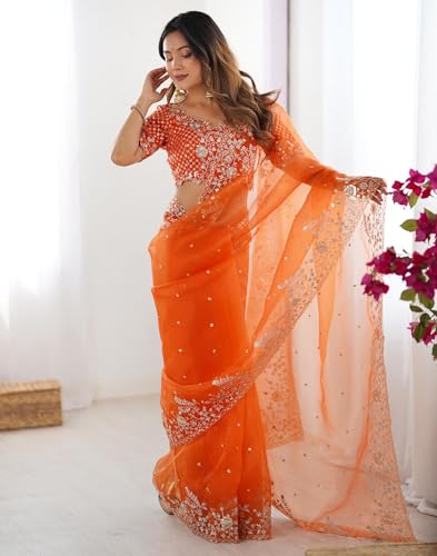 Image of SIRIL Women's Organza Sequence Embroidery Saree With Unstitched Blouse Piece