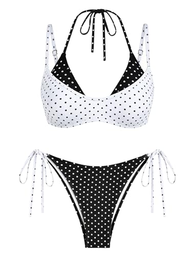 Image of ZAFUL Women's Polka Dot Bikini Set Double Layer Halter Swimsuit Colorblock Side Tie 2 Piece Bathing Suit