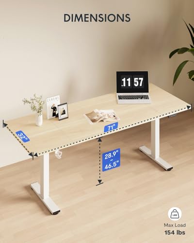 Image of FLEXISPOT 71x32 Inch Electric Large Standing Desk for Home & Office, Spacious Splice Board Desk with Cable Management & Organizer, Cup Holder & Hook, White Wood Grain