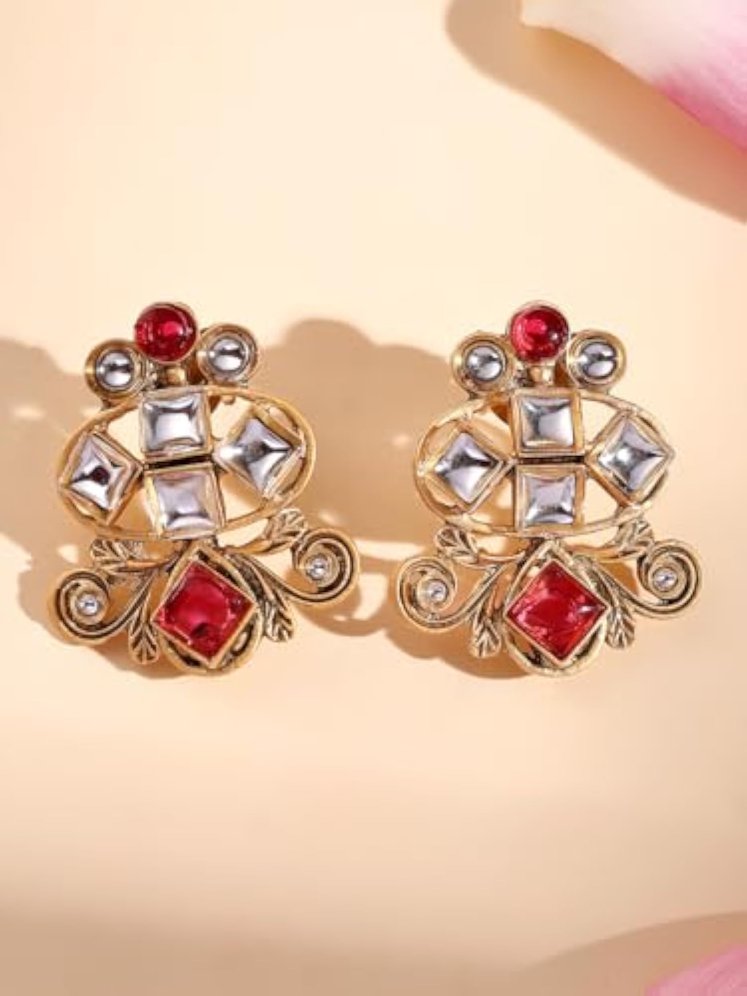 22K Gold-Plated Kundan Ruby Stone with Pearl & Beads Handcrafted Jewellery Set