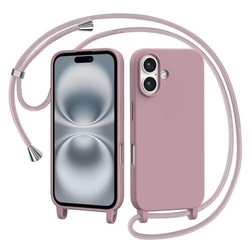 AOMYKE Cover per iPhone 16 con Cordino, Custodia con Laccio Collana Tracolla Collo Liquido Silicone Antiurto TPU Antiurto AntiGraffio Case - Rosa