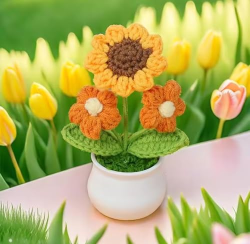 Image of VRB Dec Plastic TM 1 Pcs Crochet Flowers Artificial Sunflower for Office Desk Car Dashboard Decor,Home Decoration, Office, Bedroom, Christmas Decor, Wedding (Sunflower with Daisy Pot)