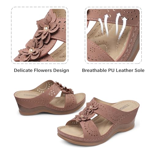 Image of TEMOFON Womens Wedge Sandals Leather: Comfortable Walking Shoes Summer | Fit Wide Foot - Cute Style - Wear True Size 5-11