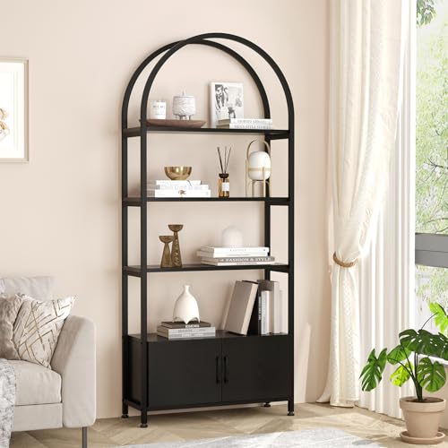 GarveeHome 4 Tier Bookshelf, Arched Bookcase with Doors Storage, 71.5 in Tall Industrial Book Shelf with Sturdy Metal Frame and Quality Boards, Freestanding Display Shelving Bookshelf for St