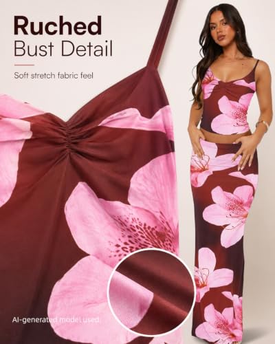 Image of Two Piece Skirt Set Women Maxi Long Skirt and Top Outfit | Soft stretchy 5 pc, slim bodycon, adjustable spaghetti straps, ruched crop tank, elastic waist, going out, beach vacation
