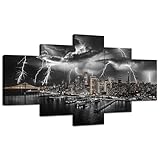Cawpom San Francisco Wall Art San Francisco Bay Bridge Wall Decor California Cityscape Canvas Print Black and White Painting Lightning Strikes Poster Home Living Room Decoration(60x32 inches)