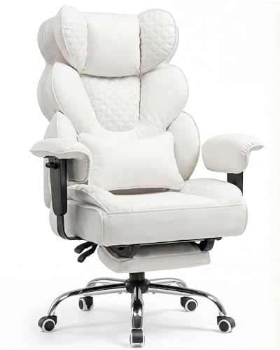 COMHOMA Ergonomischer Gaming Stuhl, Bürostuhl 180 kg, mit Verstellbarer Lendenstütze & Fußstütze, Hybrid-Design aus Kunstleder & Mesh, 150° verstellbare Rückenlehne, hoher Chefsessel, weiß
