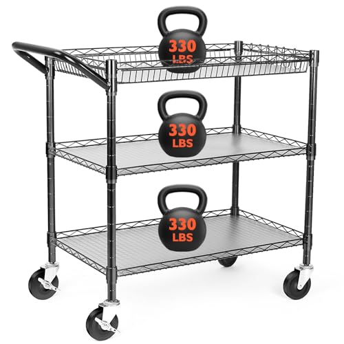 Heavy Duty Utility Cart, 990Lbs Capacity 3 Tier Rolling Carts wit...
