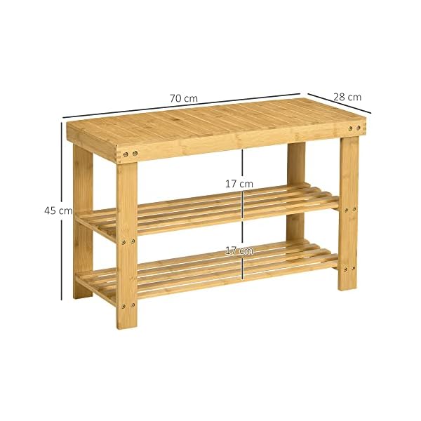 HOMCOM Schuhbank, Schuhregal mit 3 Etagen, Sitzbank aus Bambus, Garderobenbank für 6 Paar Schuhe, Schuhaufbewahrung für Flur, Diele, Natur, 70 x 28 x 45 cm – Bild 4