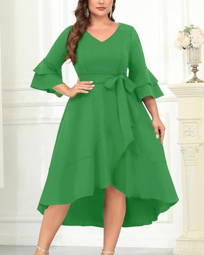 Image of Plus Size Wedding Guest Dress - Double Bell Sleeve High Low Split Dresses | Semi formal cocktail dress, V-neck double bell sleeves with belted high-low split ruffle hem.