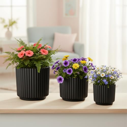 Image of Xtore Architectural Ceramic Ribbed Planter Set | Matte Finish Cylindrical Plant Pots for Home, Office & Living Room Decor - (Set of 3, Black, Planter ONLY)