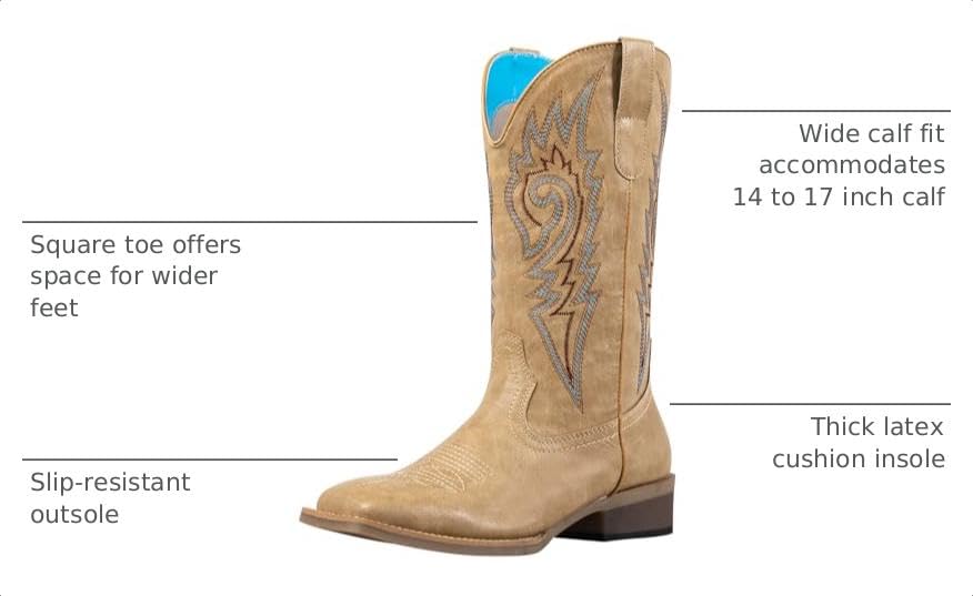 Image of SheSole Cowboy Boots for Women Wide Calf Square Toe Western Boots in Beige and Brown Embroidery Cowgirl Riding Boots