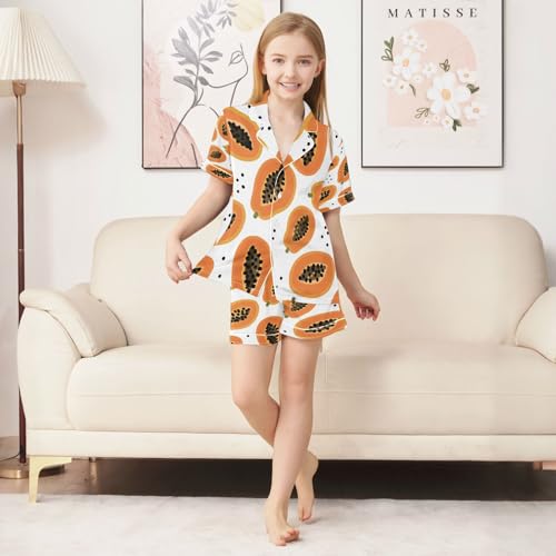 Satin Pajama Sets Short Sleeve Papaya Pattern Prints with Seeds Button Down Silky Nightwear 2 Piece PJS 5-14Y3