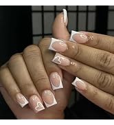 Medium Press on Nails Square Shape Fake Nails French Tip False Nails with Heart Designs Light Pin...