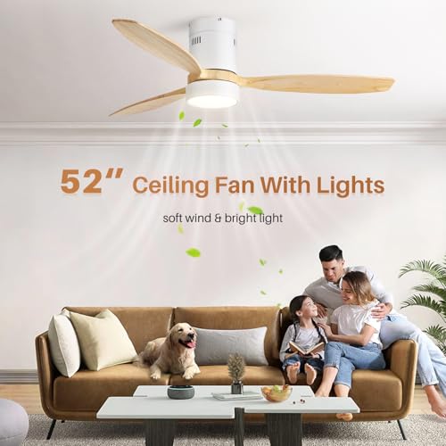 Sofucor 52 inch Wood Low Profile Ceiling Fans with Lights and Remote, Modern Flush Mount Quiet Ceiling Fan for Bedroom, Reversible DC Motor for Living Room/Farmhouse/Patio/Indoor/Outdoor(White+Wood) - Image 2