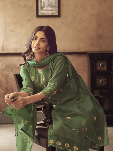 Image of INDO ERA Cotton Blend Women's Embroidered Straight kurta and pant with dupatta set