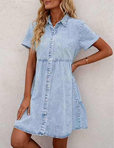 GRAPENT Denim Dress for Women Babydoll Tiered Short Sleeve Button Down Jean Shirt Dresses3