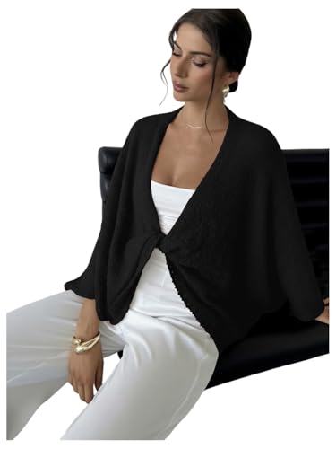 Image of GORGLITTER Women's Wrap Sweater Bat Wing Cropped Poncho Knit Tops | Oversized Cozy Pullover Sweaters, Lightweight, Asymmetrical 3 /4 Sleeve V Neck Tops, Fall Clothes 2026