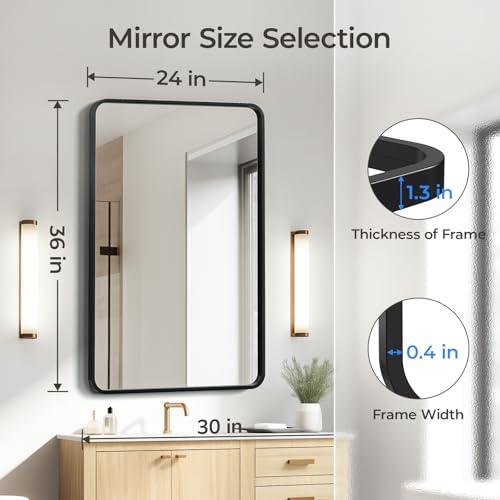 Image of USHOWER Bathroom Mirrors for Over Sink, Metal Frame Rectangle Mirror, Modern Farmhouse Vanity Mirror, Wall Mounted for Bedroom, Living Room, Entryway Remodel & Upgrade, Matte Black, 24 x 36 Inch