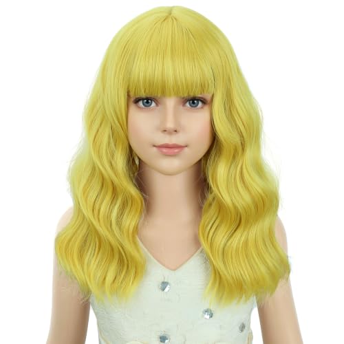 Image of PATTNIUM Girls Golden Blond Short Curly Wavy Wigs with Bangs Blond Shoulder Length Wavy Heat Resistant Synthetic Wig