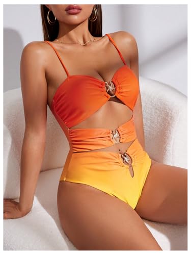 WDIRARA Women's Ombre Cut Out One Piece Swimsuit Colorblock Ruched Swimwear Bathing Suit4