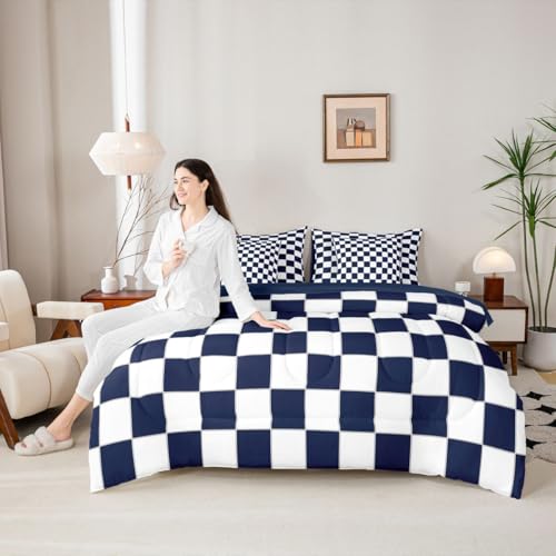 Image of Erosebridal Boys Navy Checkered King Bedding Set 7 Piece White Dark Blue Buffalo Plaid Grid Comforter Set with Sheets,Checkerboard Bed in A Bag for Kids Teen Mengeometrical Gingham Bed Set