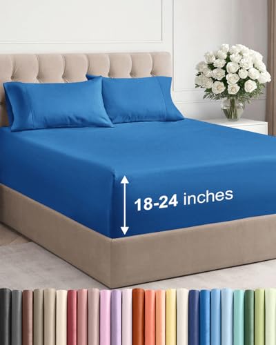 Image of Extra Deep Twin Sheet Set - 4 Piece Breathable Cooling Sheets - Royal Blue | Hotel Luxury Bed Sheets Set, Easy & Secure Fit, Ultra-Soft, Wrinkle & Fade Free, Comfy Sheets Set with Extra Deep Pockets