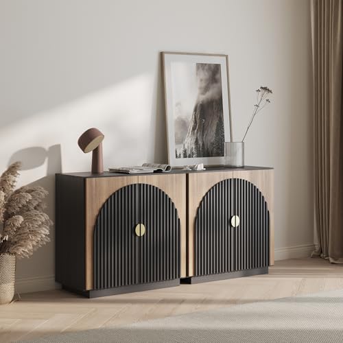 BELLEZE Set of 2 Modular Fluted Sideboard Buffet Cabinet with Storage, Mid-Century Modern Console Table with Symmetrical Arched Doors, Elegant Credenza for Dining Room, Kitchen, and Living Room, Camel