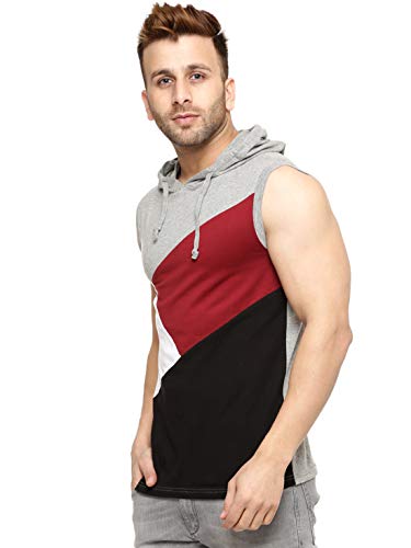 Image of GRITSTONES Men's Cotton Hooded Sleeveless Grey Melange /Black Cotton T-Shirt