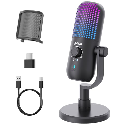 BRIBAT USB Condenser Microphone for PC Gaming Streaming&Podcast Plug & Play RGB Desktop Mic with One-Touch Mute Cardioid Noise-Canceling Computer Mic for Twitch YouTube Recording on PC & Laptop(Black)