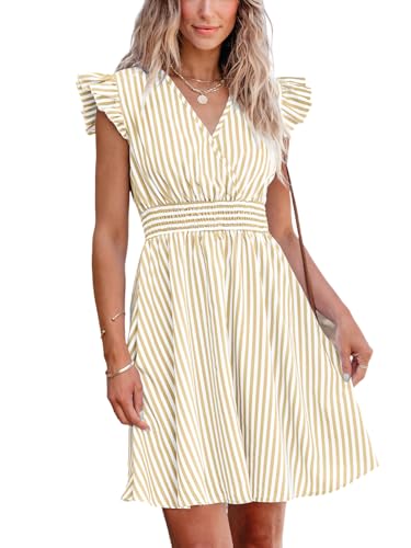 CUPSHE Damen Sommerkleid V-Ausschnitt Flatterärmel Minikleid Gesmokte Taille A-Linie Freizeitkleider Mini Dress