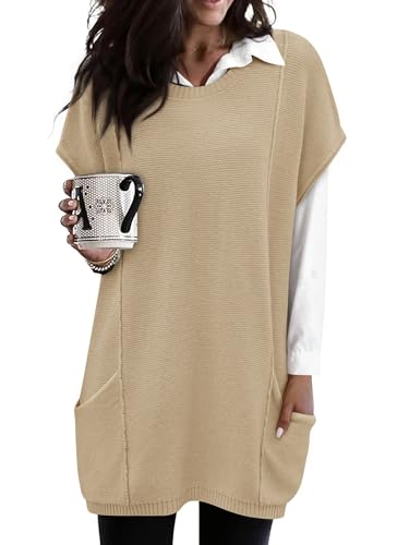 Womens Fall Sweater Vest Oversized Short Sleeve Crew Neck Pullover with Pocket Tunic