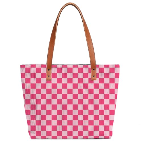 ZVUZVO Red and Pink Checkered Corduroy Tote Bag With Leather Handle for Women Men Birthday Gifts Plaid Reusable Grocery Bags for Work Travel Shopping. Red and Pink Plaid