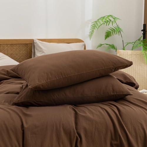 Image of BESTOUCH Cotton Solid Duvet Cover Set Linen Feel Cocoa Brown Alaska King | 100% Washed Cotton, Soft Wrinkle Texture, Hidden Zipper, 8 Ties, Breathable Lightweight Durable Comfy, 3 Pcs No Insert
