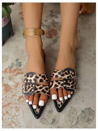 GORGLITTER Women's Leopard Print Y2k Slide Sandals Pointed Toe Studded Double Band Dressy Flats4