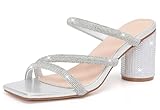 DADAWEN Women's Rhinestone Heeled Sandals Square Toe Strappy Chunky Block Heels for Women Comfortable Wedding Party Dress Pumps Shoes Shoes Silver US Size 8.5