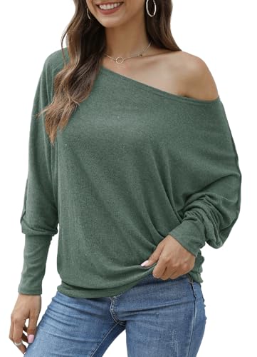 Image of Aifer Women's Off The Shoulder Tops Sexy Long Sleeve Shirts Oversized Fashion Casual Batwing Sweaters Pullover Tunic Tops