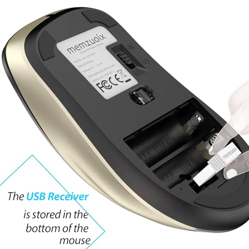 Image of memzuoix 2.4G Wireless Mouse, 1400 DPI Computer Mice with USB Receiver, Portable Wireless USB Battery Powered Cordless Mouse for Laptop, PC, Desktop, 5 Buttons (Black Gold)