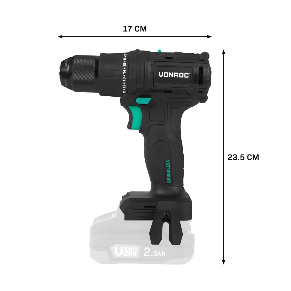 VONROC Taladro Atornillador Eléctrico PRO 20V con Motor Brushless – 40Nm, Sin Batería ni Cargador