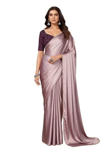 Image of FABIAN FASHION Women's Plain Japan Satin Silk Saree with Pearl Lace Border, Includes Unstitched Matching Blouse Piece - Elegant Saree(AVN 1694)